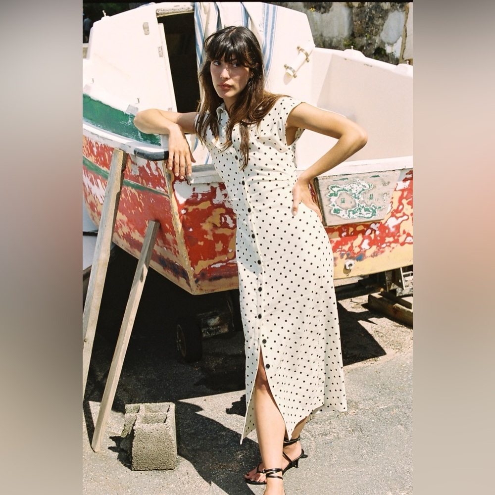 LINEN BLEND POLKA DOT MIDI DRESS